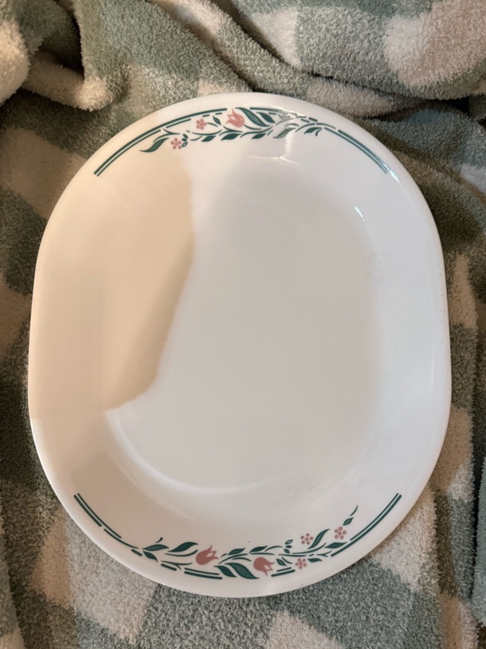 Corelle White Oval Serving Platter with Green Leaves and Pink Floral Trim